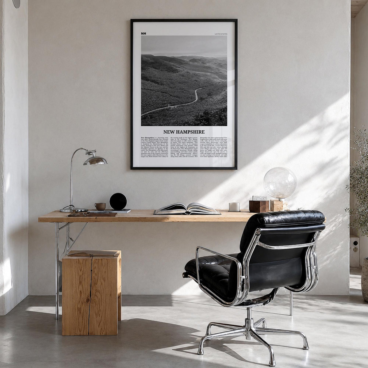 New Hampshire no. 2 black & white newspaper poster of United States – vertical wall art in black wood frame, hanging on wall