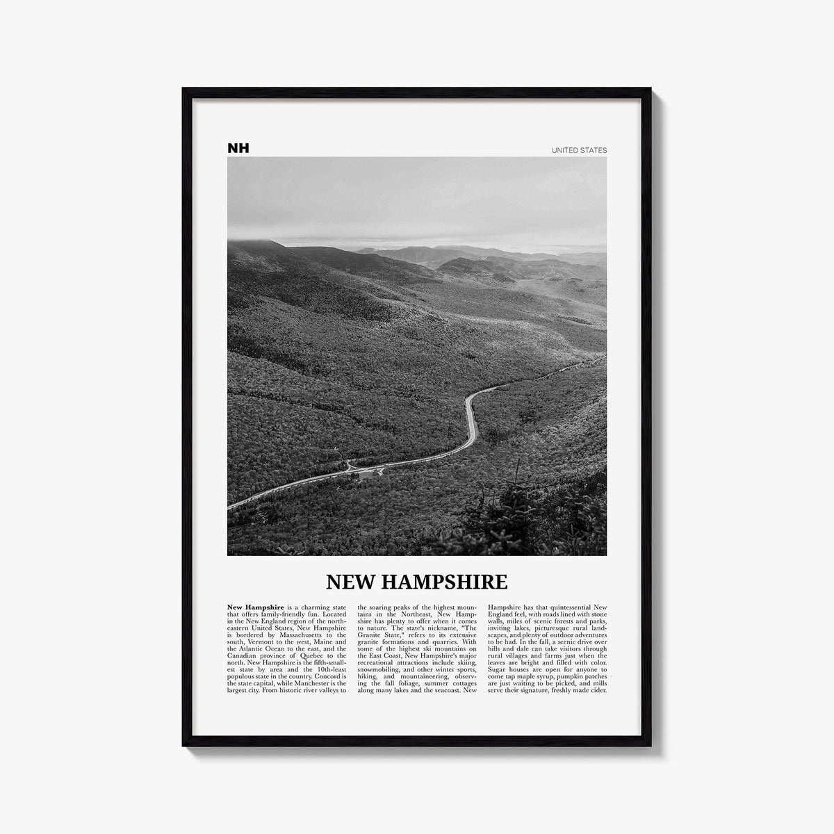 New Hampshire no. 2 black & white newspaper poster of United States – vertical wall art, unframed print shown in interior moc