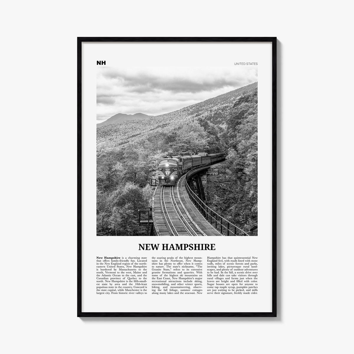 New Hampshire no. 3 black & white newspaper poster of United States – vertical wall art, unframed print shown in interior moc