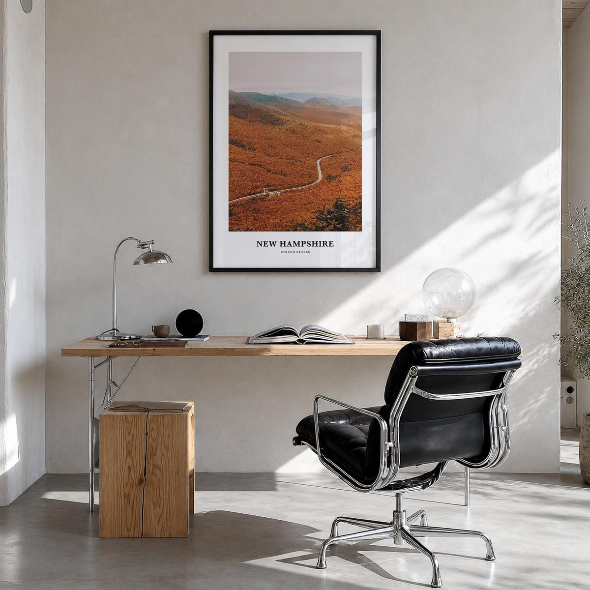 New Hampshire no. 3 colorful classic poster of United States – vertical wall art in black wood frame, hanging on wall