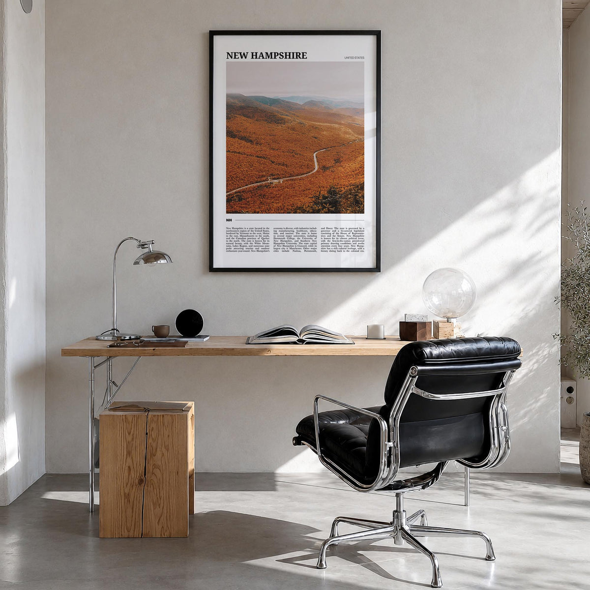 New Hampshire no. 3 colorful travel poster of United States – vertical wall art in black wood frame, hanging on wall