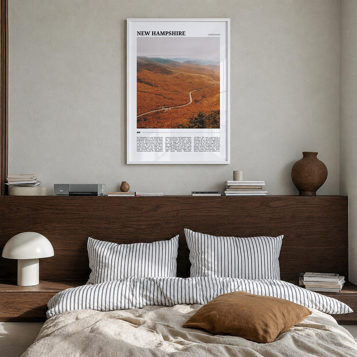 New Hampshire no. 3 colorful travel poster of United States – vertical wall art in white wood frame, hanging on wall