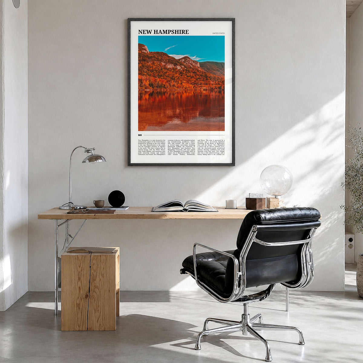 New Hampshire Travel No 1 Poster in a black wood frame, hanging in a bright home office