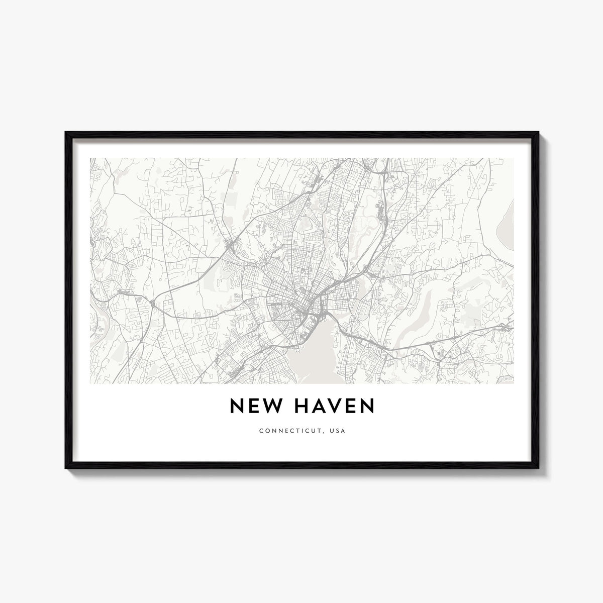 New Haven black & white map poster of Connecticut, USA – horizontal wall art, unframed print shown in interior mockup