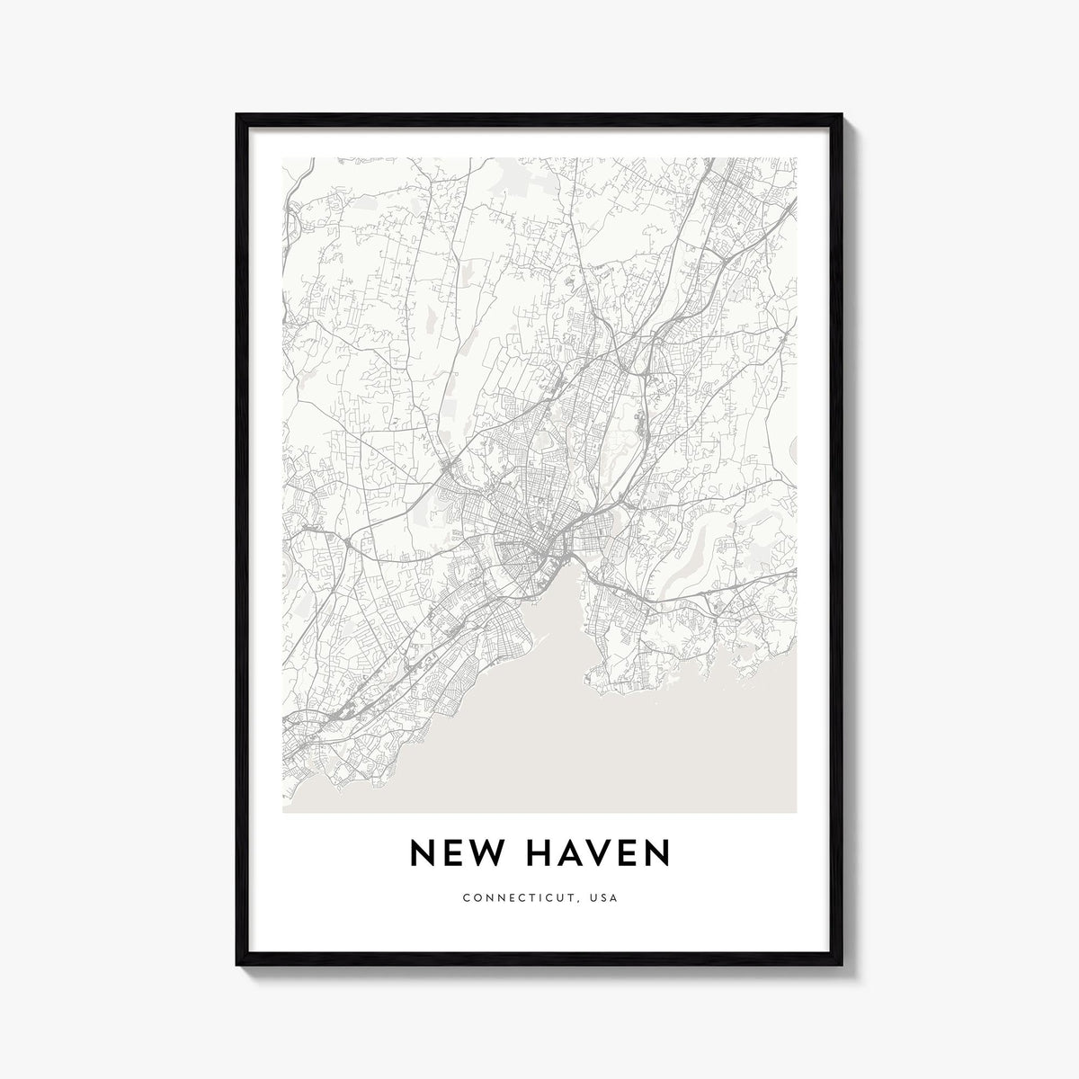 New Haven black & white map poster of Connecticut, USA – vertical wall art, unframed print shown in interior mockup