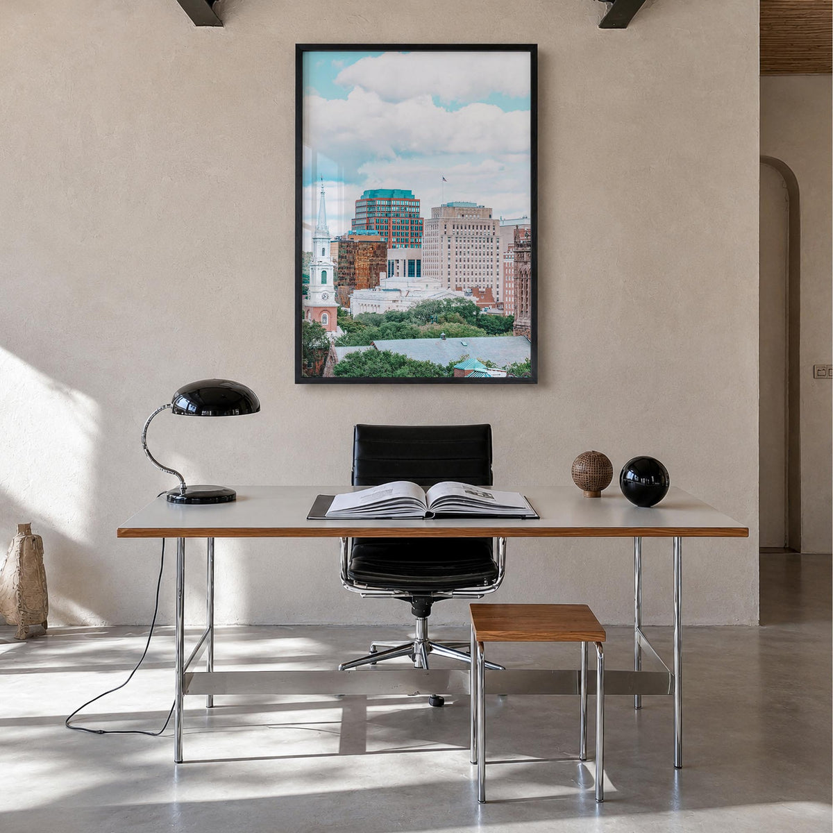 New Haven colorful photo poster of Connecticut, USA – vertical wall art in black wood frame, hanging on wall