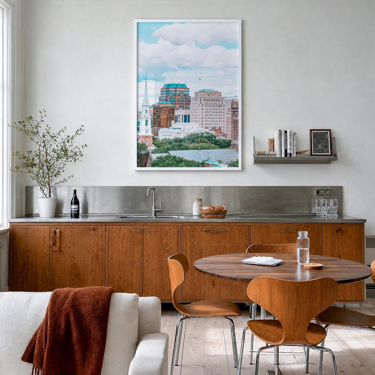 New Haven colorful photo poster of Connecticut, USA – vertical wall art in white wood frame, hanging on wall