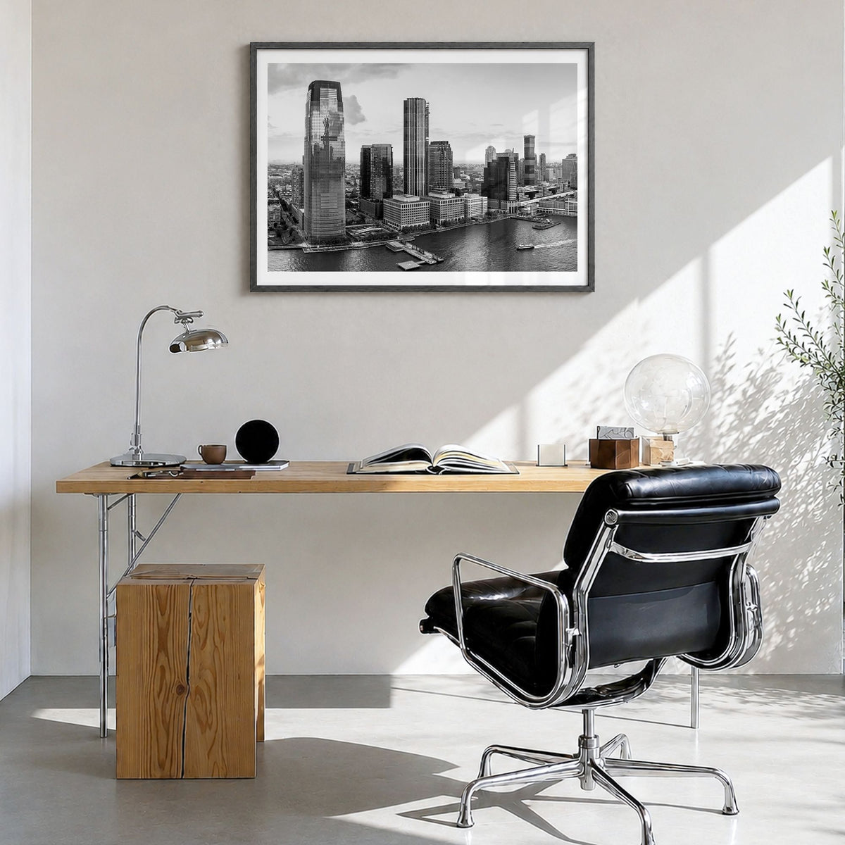 New Jersey Photo Poster in a black wood frame, hanging in a bright home office, white border
