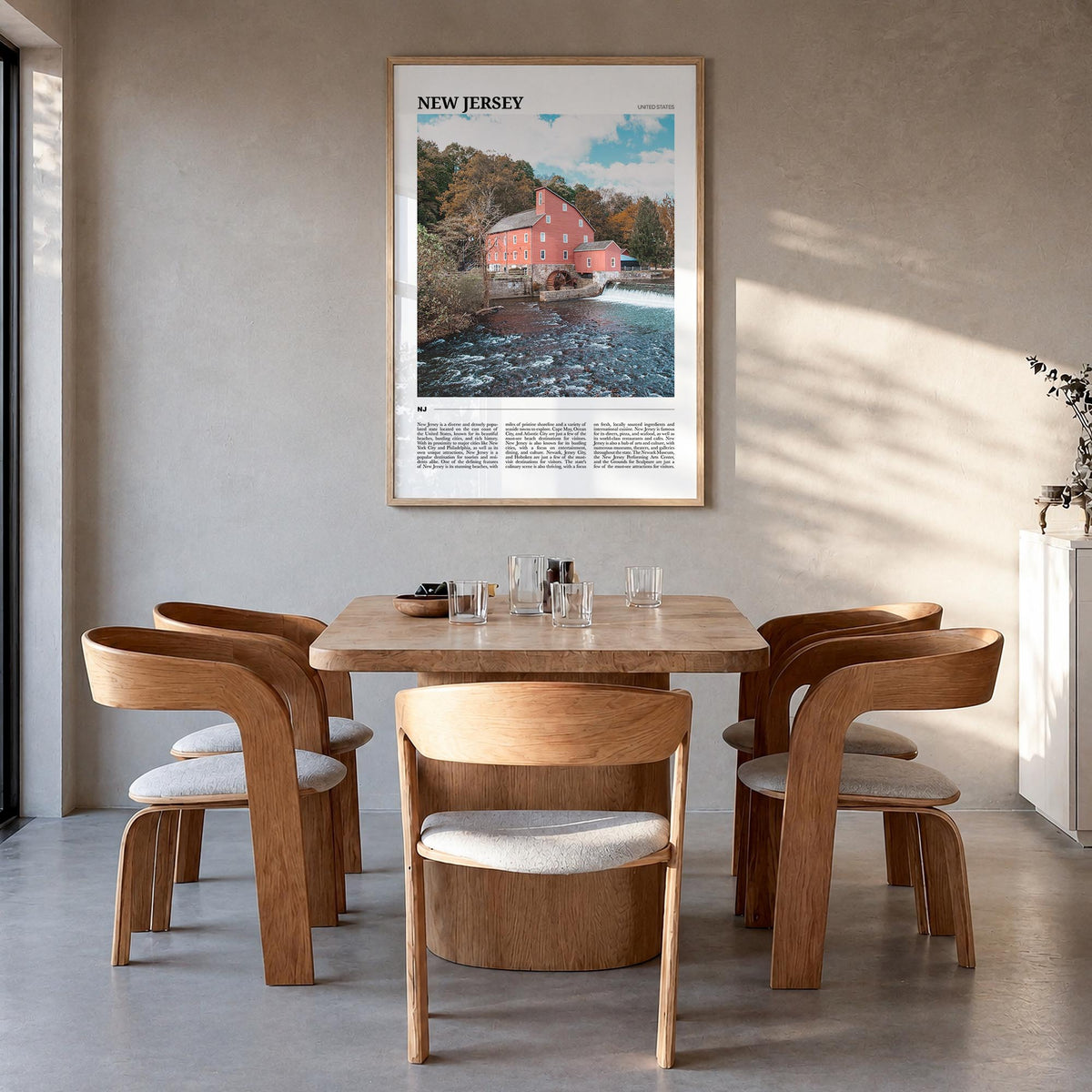 New Jersey no. 1 colorful travel poster of United States – vertical wall art in natural wood frame, hanging on wall