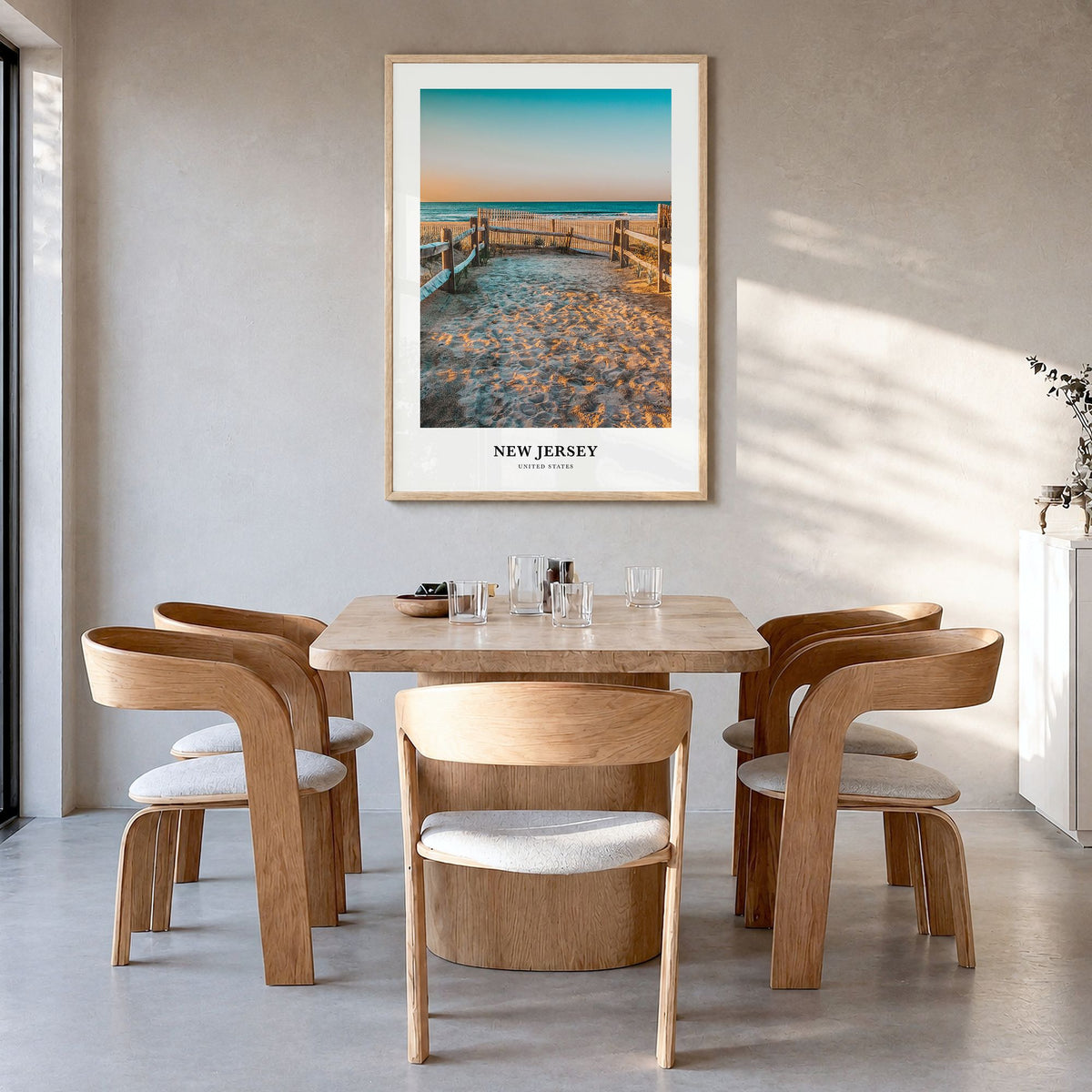 New Jersey Classic No 2 Poster in a natural wood frame, hanging in a dining room