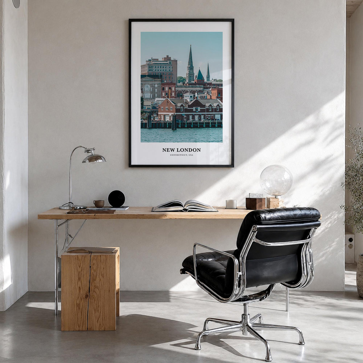 New London colorful classic poster of Connecticut, USA – vertical wall art in black wood frame, hanging on wall