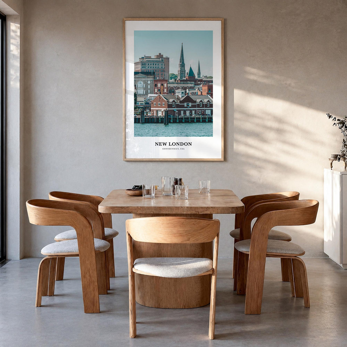 New London colorful classic poster of Connecticut, USA – vertical wall art in natural wood frame, hanging on wall