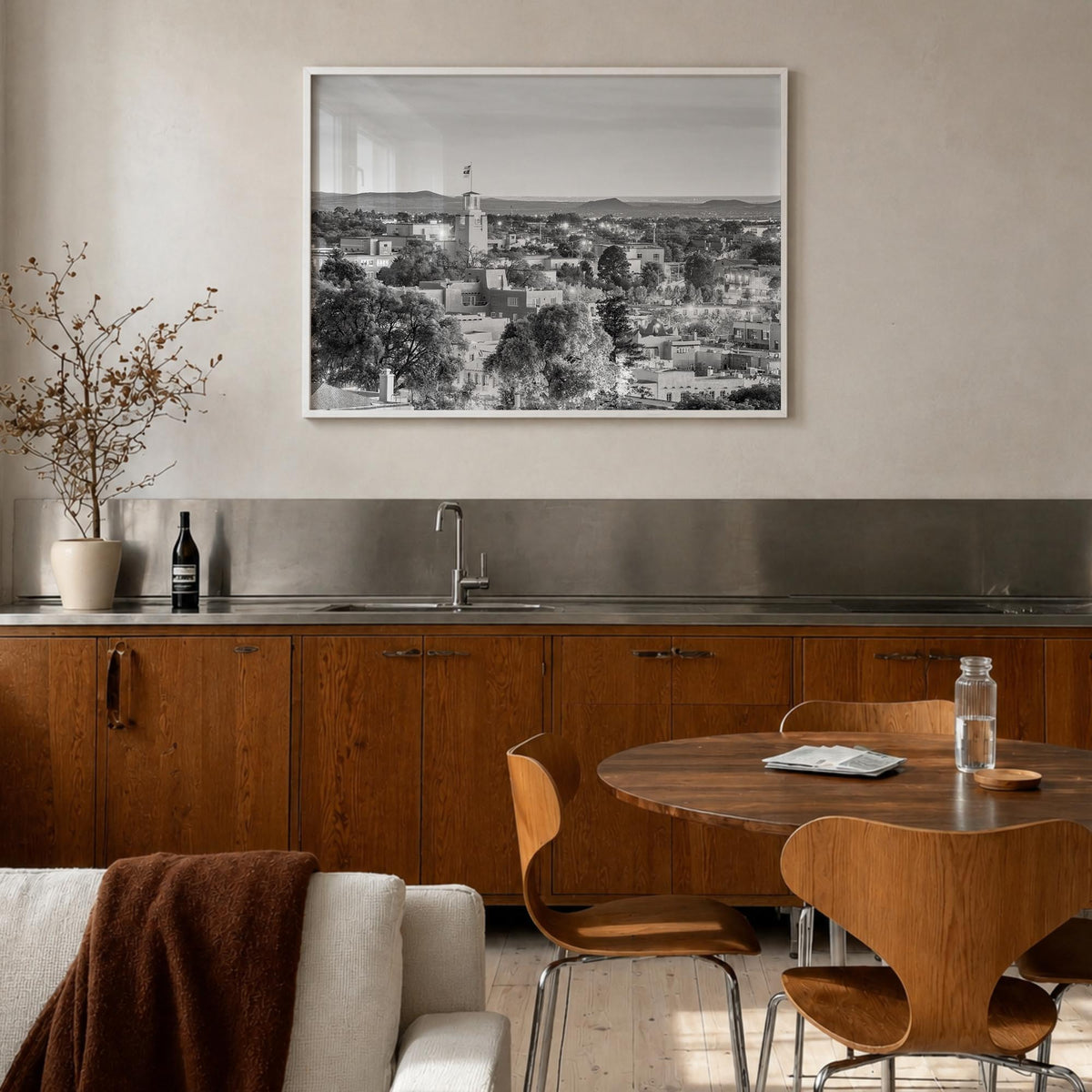 New Mexico black & white photo poster of United States – horizontal wall art in white wood frame, hanging on wall