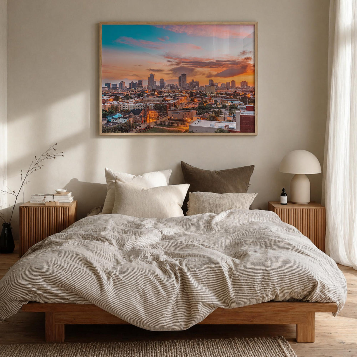 New Orleans colorful photo poster of Louisiana, USA – horizontal wall art in natural wood frame, hanging on wall