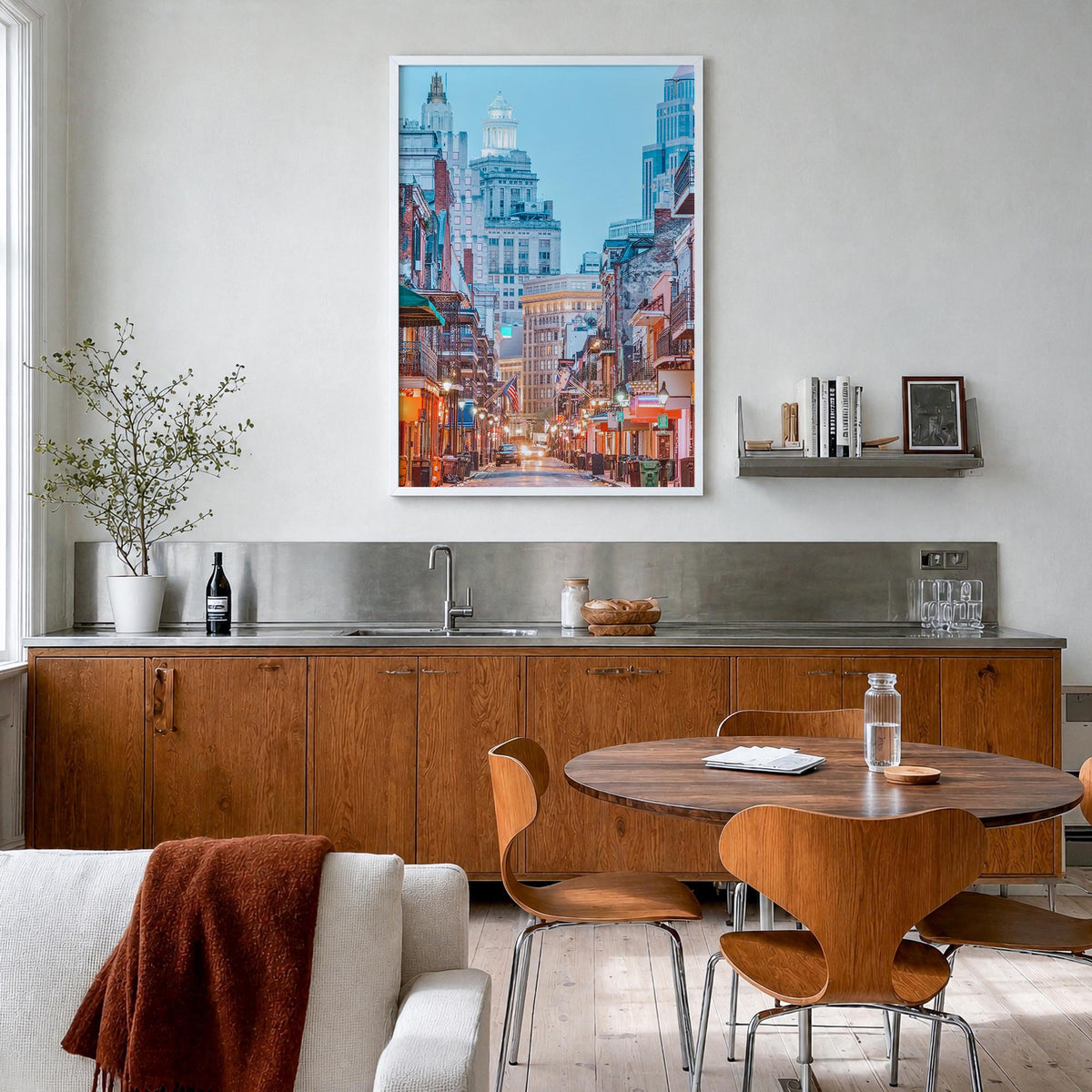 New Orleans no. 1 colorful photo poster of Louisiana, USA – vertical wall art in white wood frame, hanging on wall