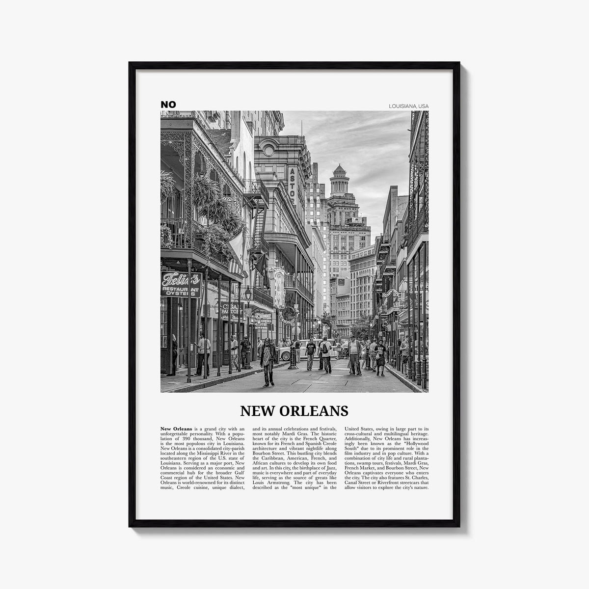 New Orleans no. 2 black & white newspaper poster of Louisiana, USA – vertical wall art, unframed print shown in interior mock