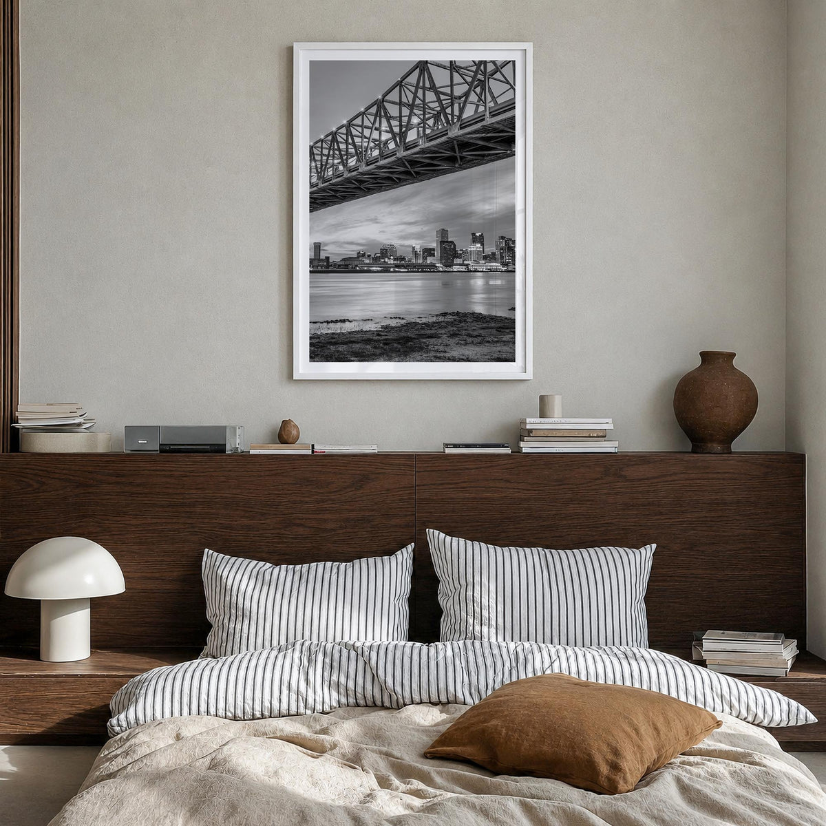 New Orleans no. 2 black & white photo poster of Louisiana, USA – vertical wall art in white wood frame with white border, han