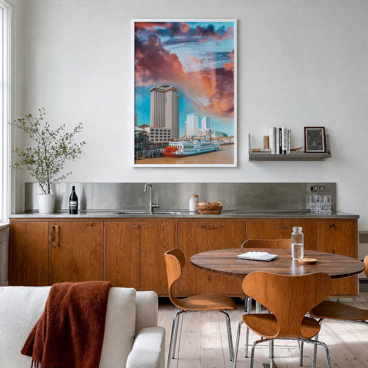 New Orleans no. 2 colorful photo poster of Louisiana, USA – vertical wall art in white wood frame, hanging on wall