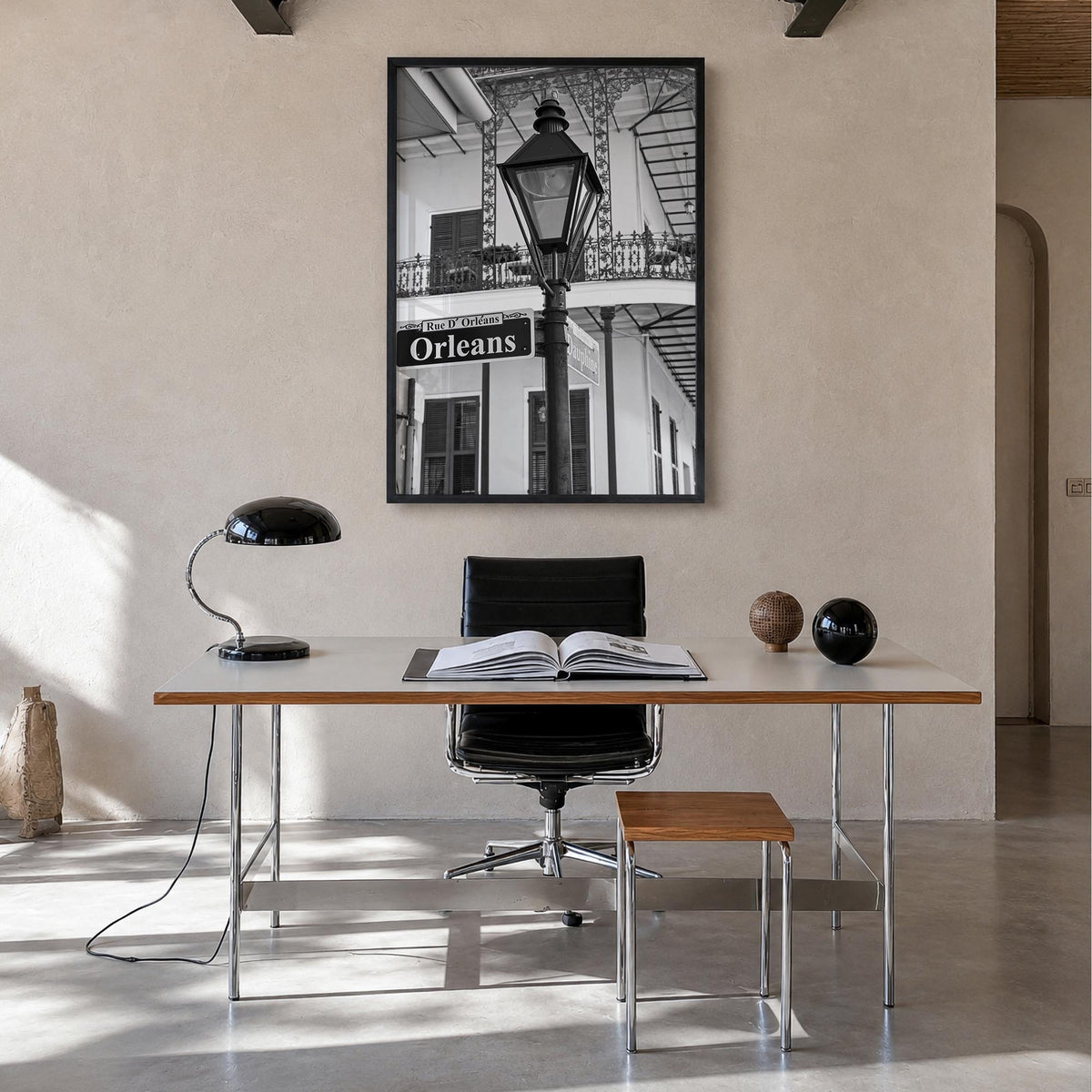 New Orleans no. 3 black & white photo poster of Louisiana, USA – vertical wall art in black wood frame, hanging on wall