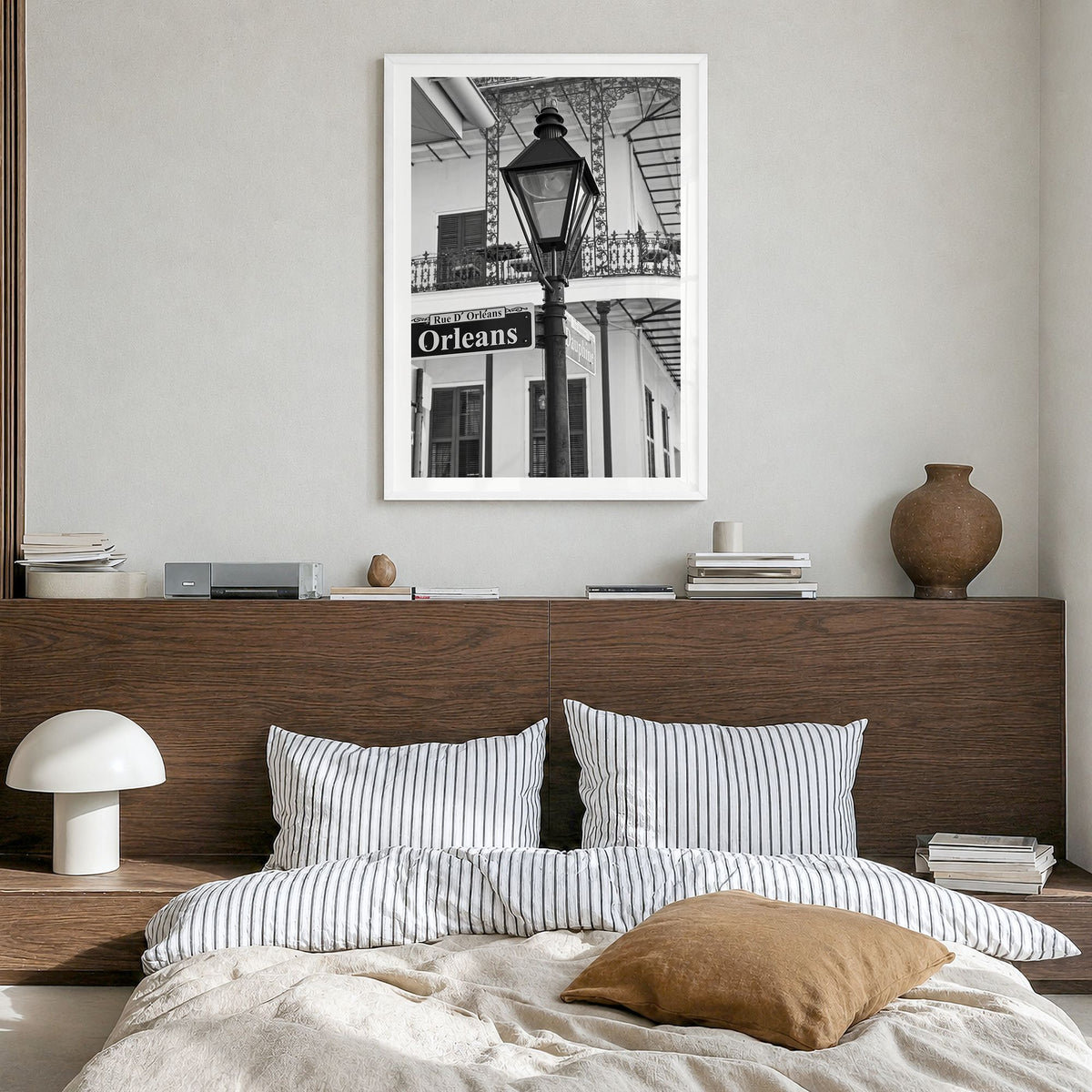 New Orleans Photo No 3 Poster in a white wood frame, hanging in a bedroom, white border