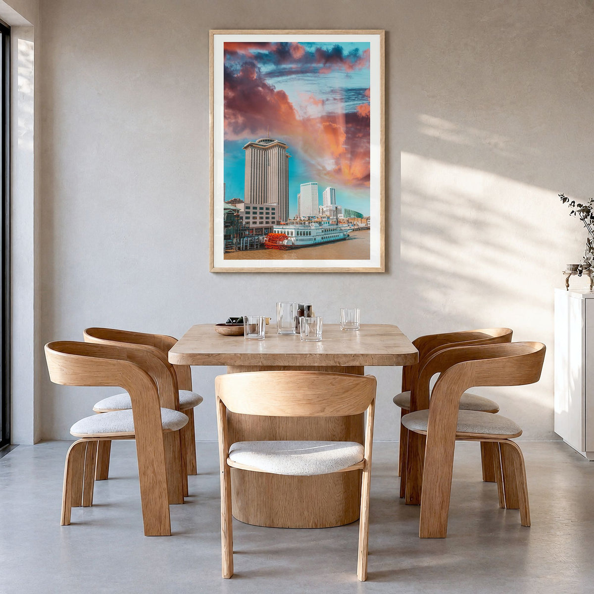 New Orleans Photo No 2 Poster in a natural wood frame, hanging in a dining room, white border