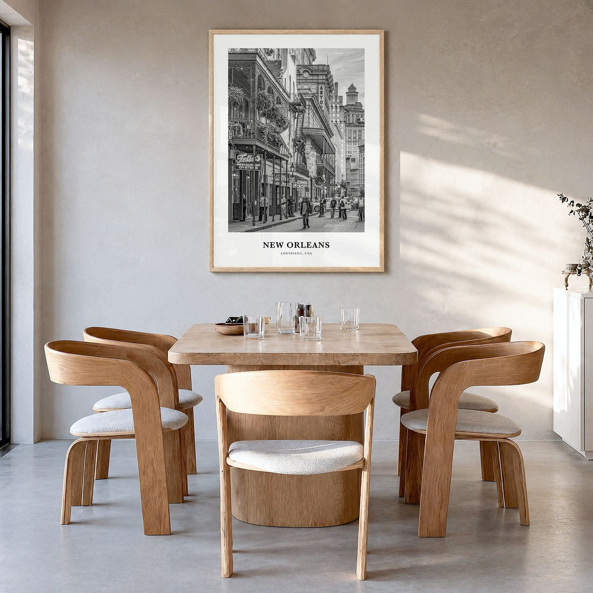 New Orleans Classic No 1 Poster in a natural wood frame, hanging in a dining room