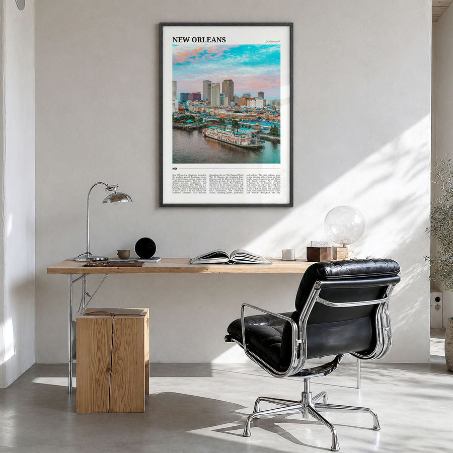 New Orleans Travel Poster in a black wood frame, hanging in a bright home office