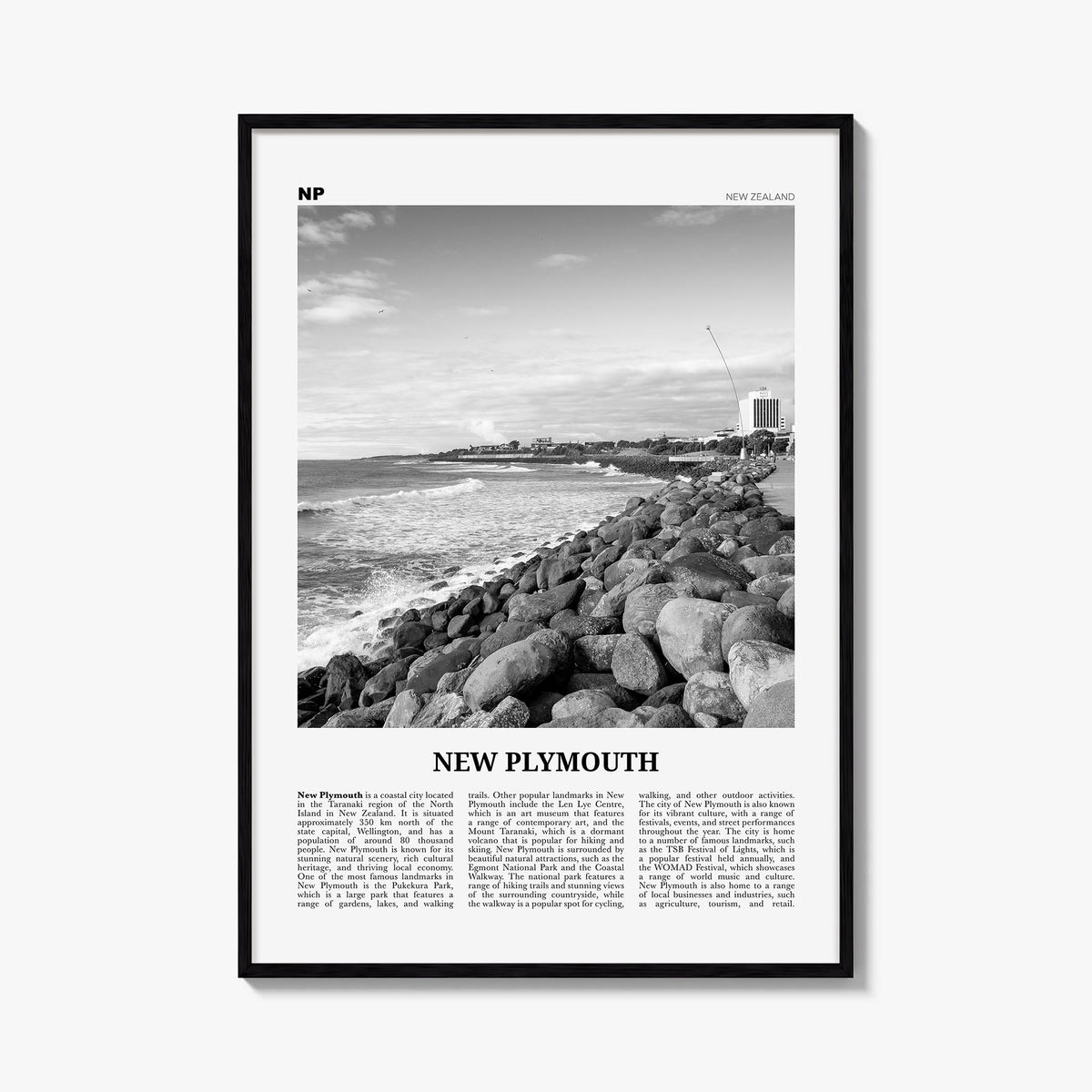 New Plymouth black & white newspaper poster of New Zealand – vertical wall art, unframed print shown in interior mockup