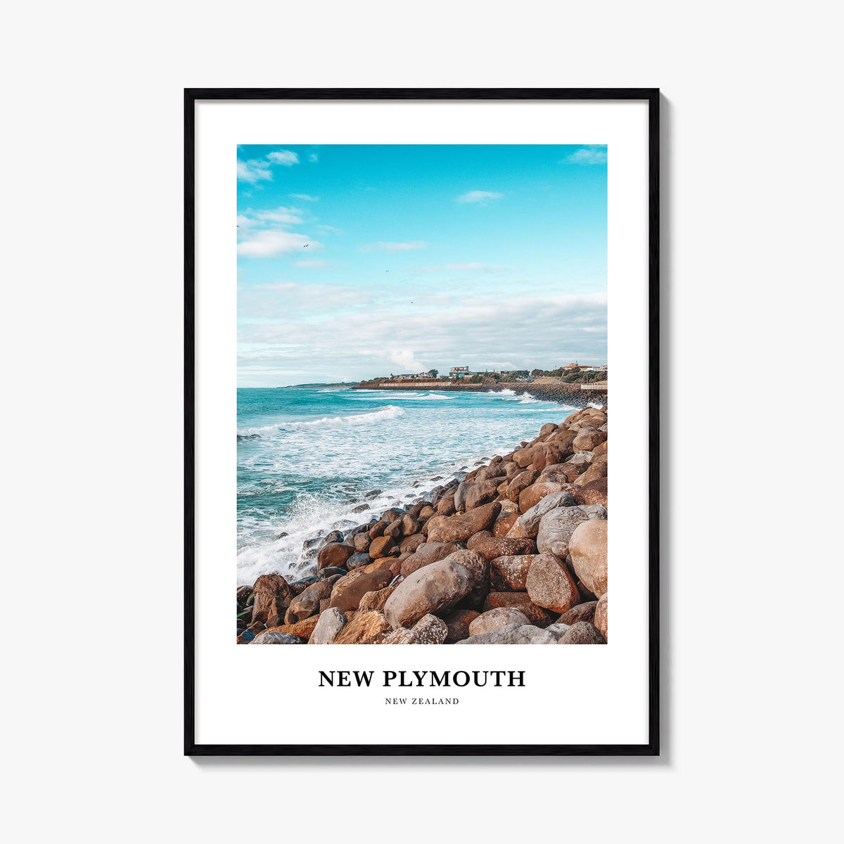 New Plymouth colorful classic poster of New Zealand – vertical wall art, unframed print shown in interior mockup