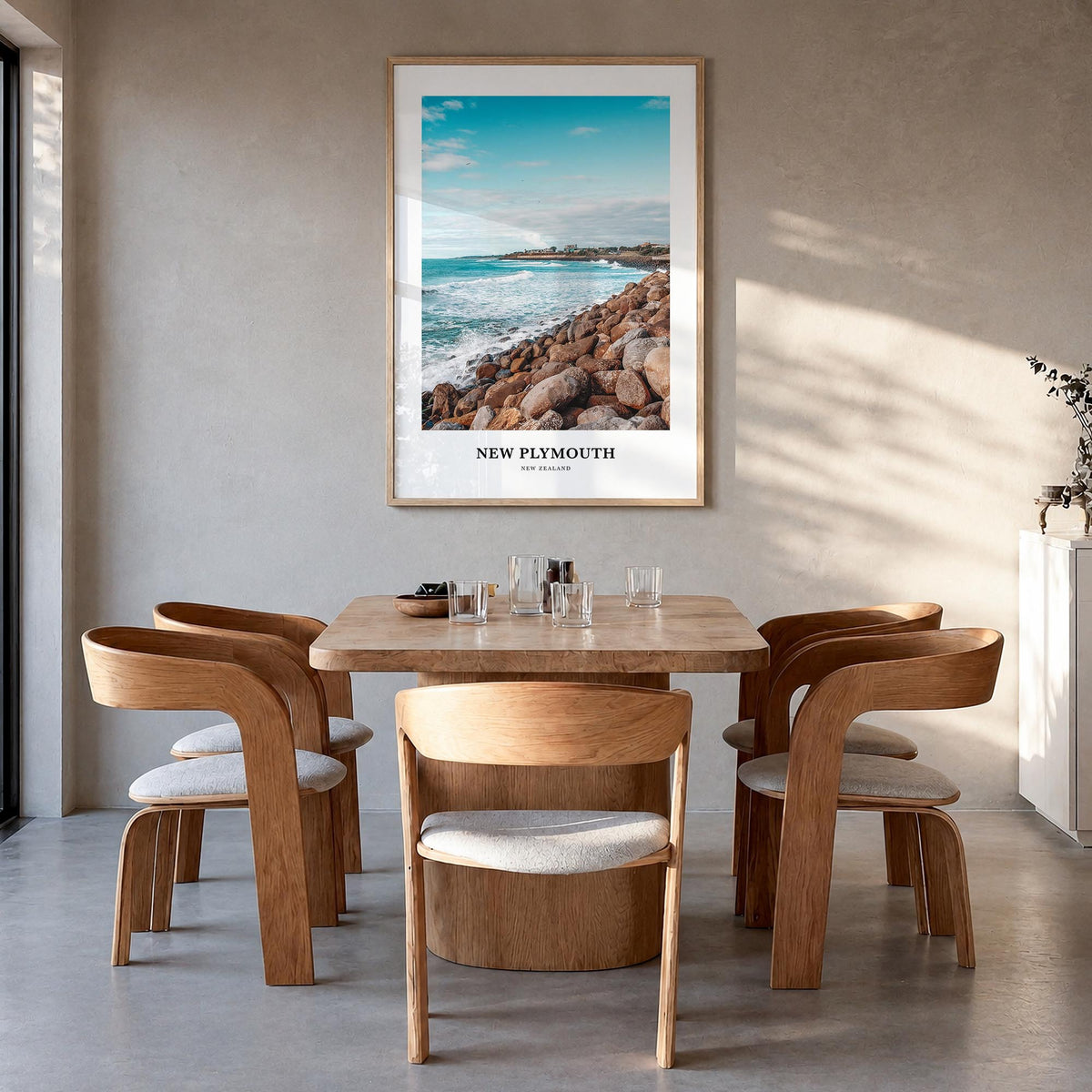 New Plymouth colorful classic poster of New Zealand – vertical wall art in natural wood frame, hanging on wall