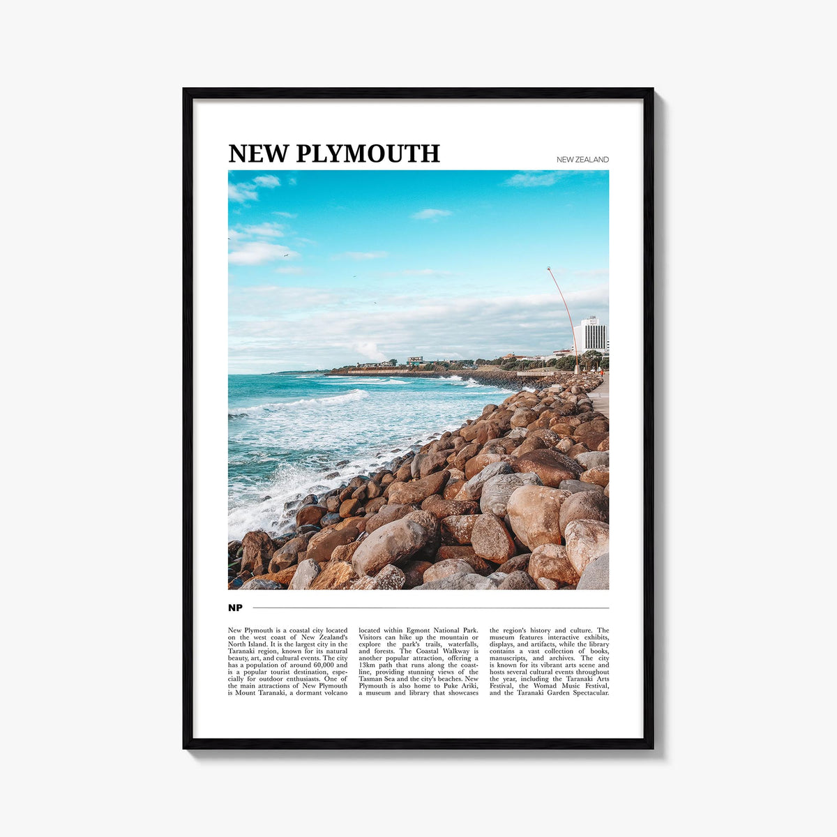 New Plymouth colorful travel poster of New Zealand – vertical wall art, unframed print shown in interior mockup