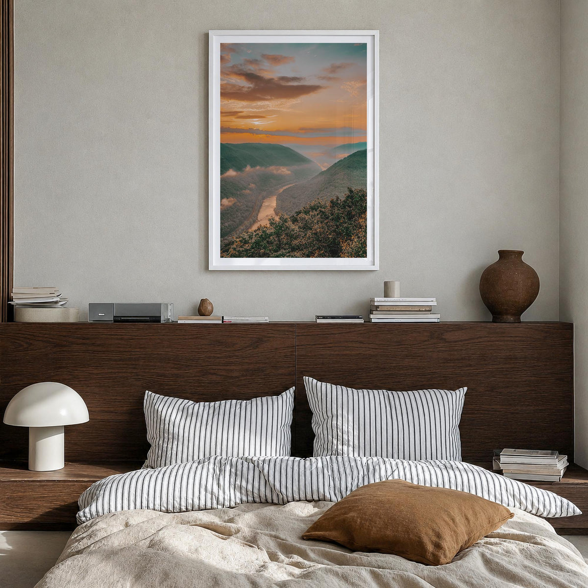 New River Gorge National Park colorful photo poster of West Virginia, USA – vertical wall art in white wood frame with white