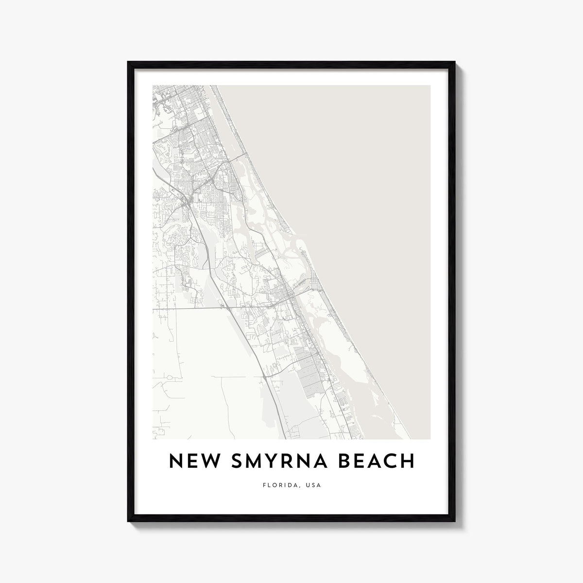 New Smyrna Beach black & white map poster of Florida, USA – vertical wall art, unframed print shown in interior mockup