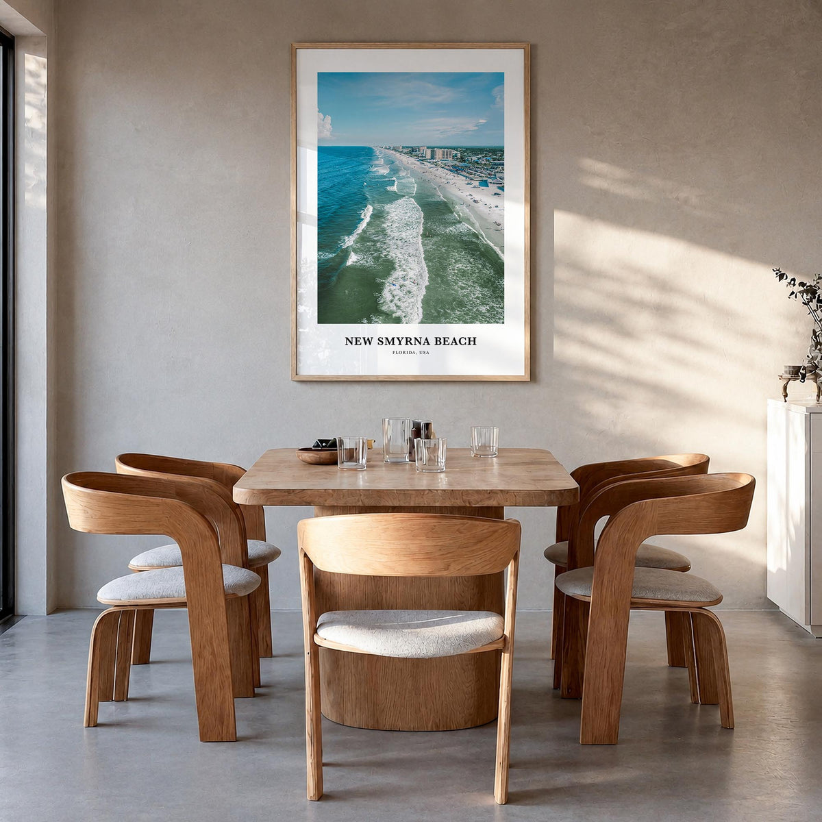 New Smyrna Beach colorful classic poster of Florida, USA – vertical wall art in natural wood frame, hanging on wall