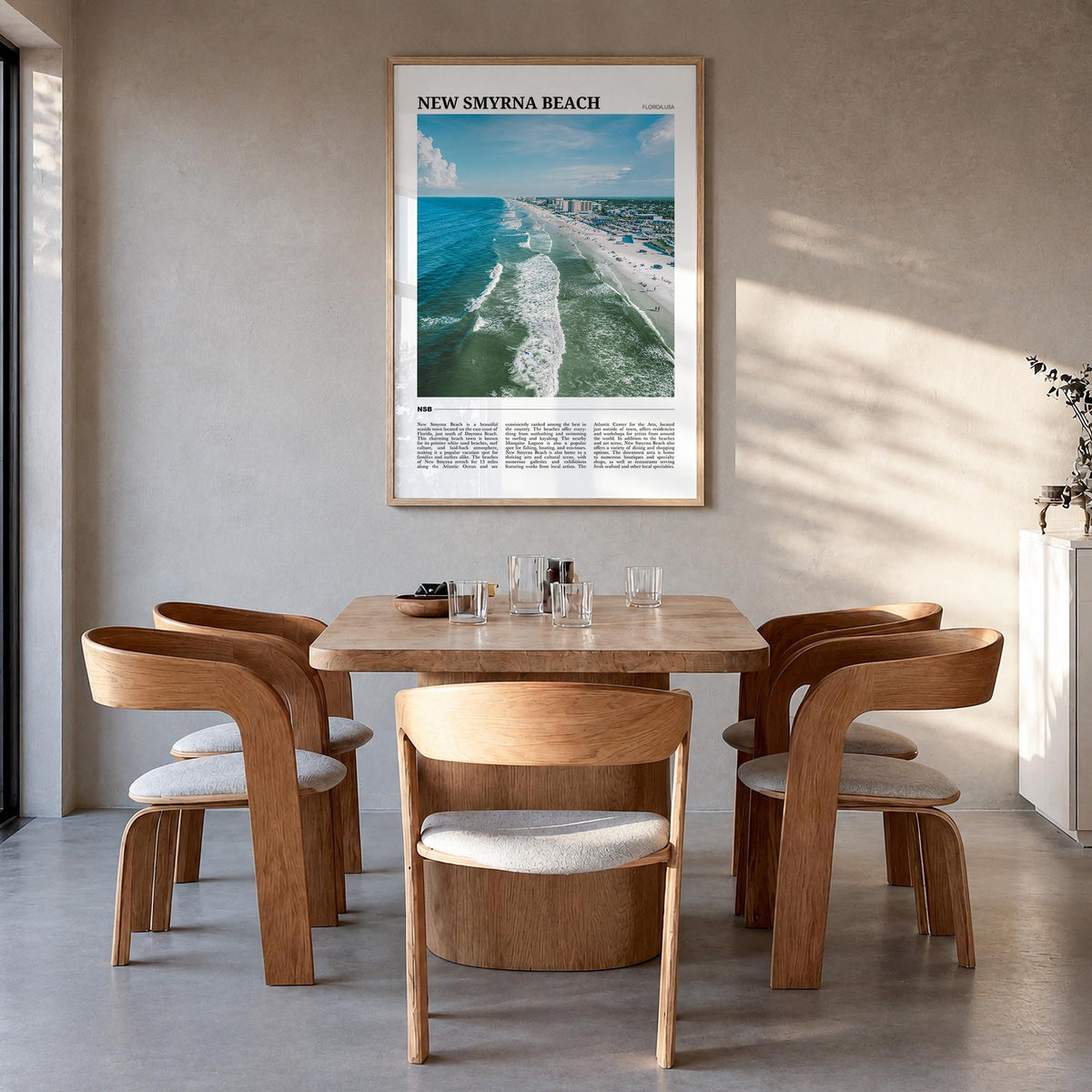 New Smyrna Beach colorful travel poster of Florida, USA – vertical wall art in natural wood frame, hanging on wall