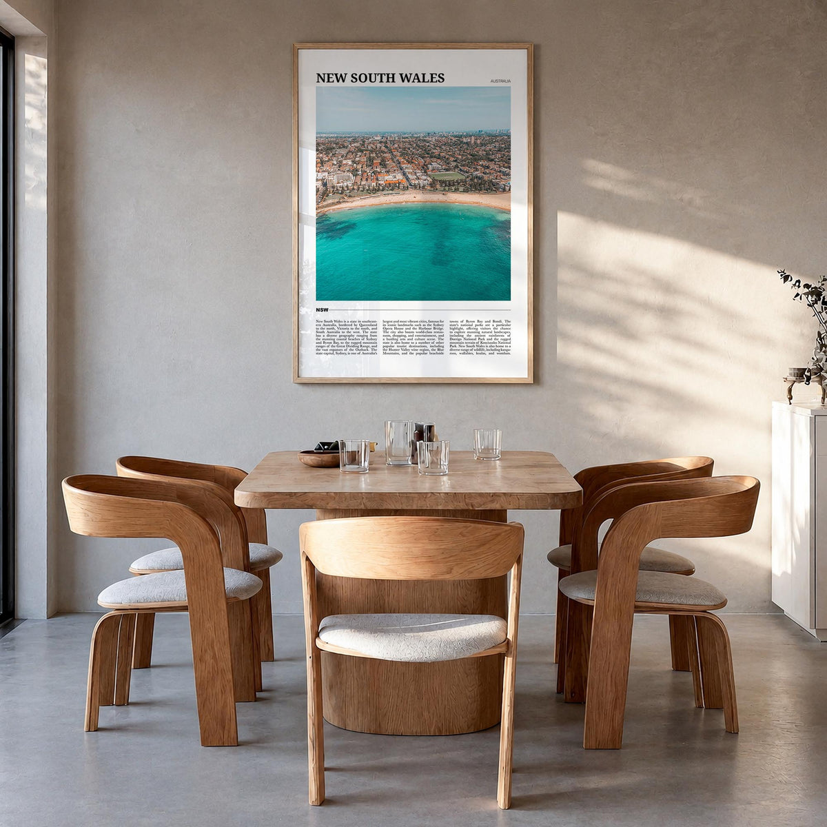 New South Wales no. 1 colorful travel poster of Australia – vertical wall art in natural wood frame, hanging on wall