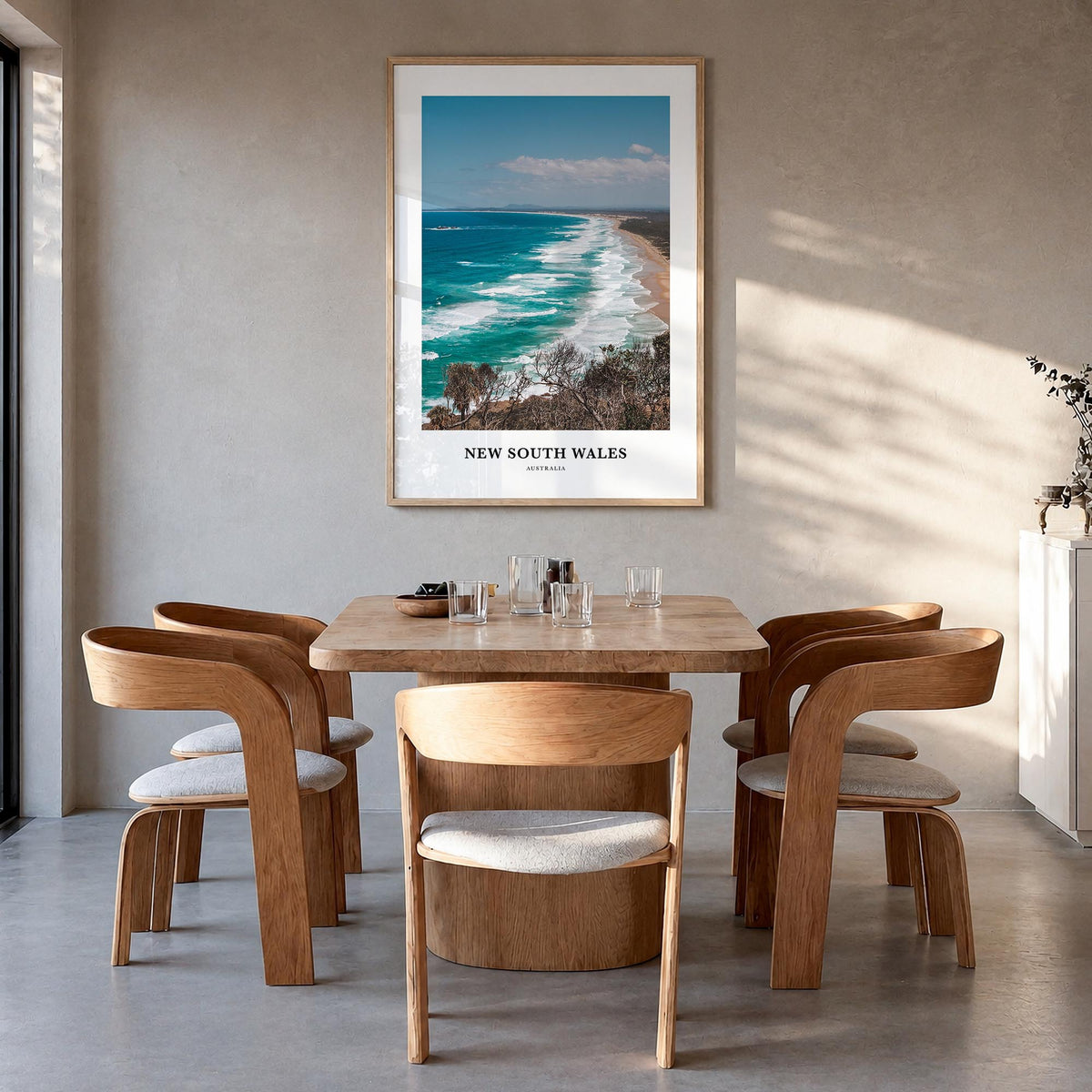 New South Wales no. 2 colorful classic poster of Australia – vertical wall art in natural wood frame, hanging on wall