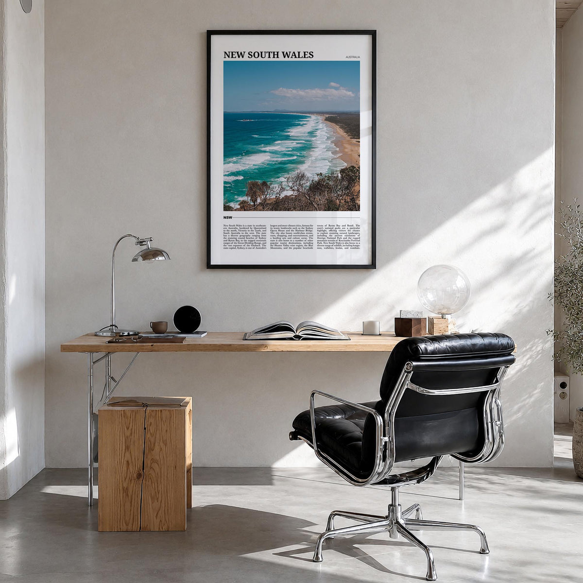 New South Wales no. 2 colorful travel poster of Australia – vertical wall art in black wood frame, hanging on wall
