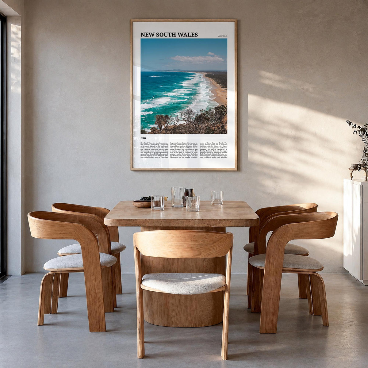 New South Wales no. 2 colorful travel poster of Australia – vertical wall art in natural wood frame, hanging on wall