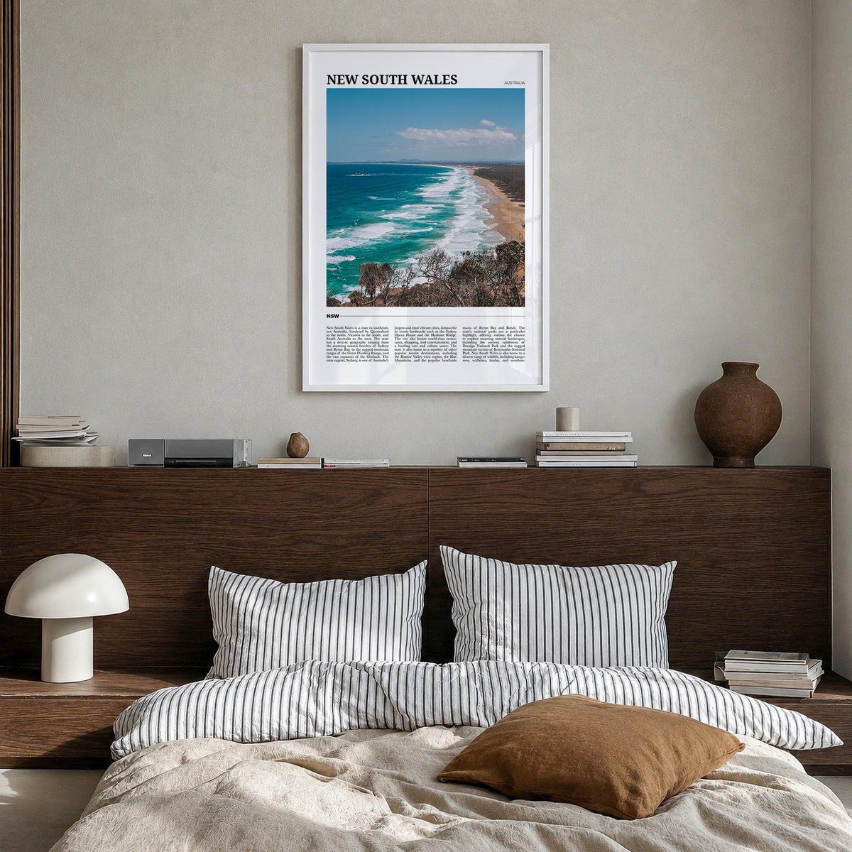 New South Wales no. 2 colorful travel poster of Australia – vertical wall art in white wood frame, hanging on wall