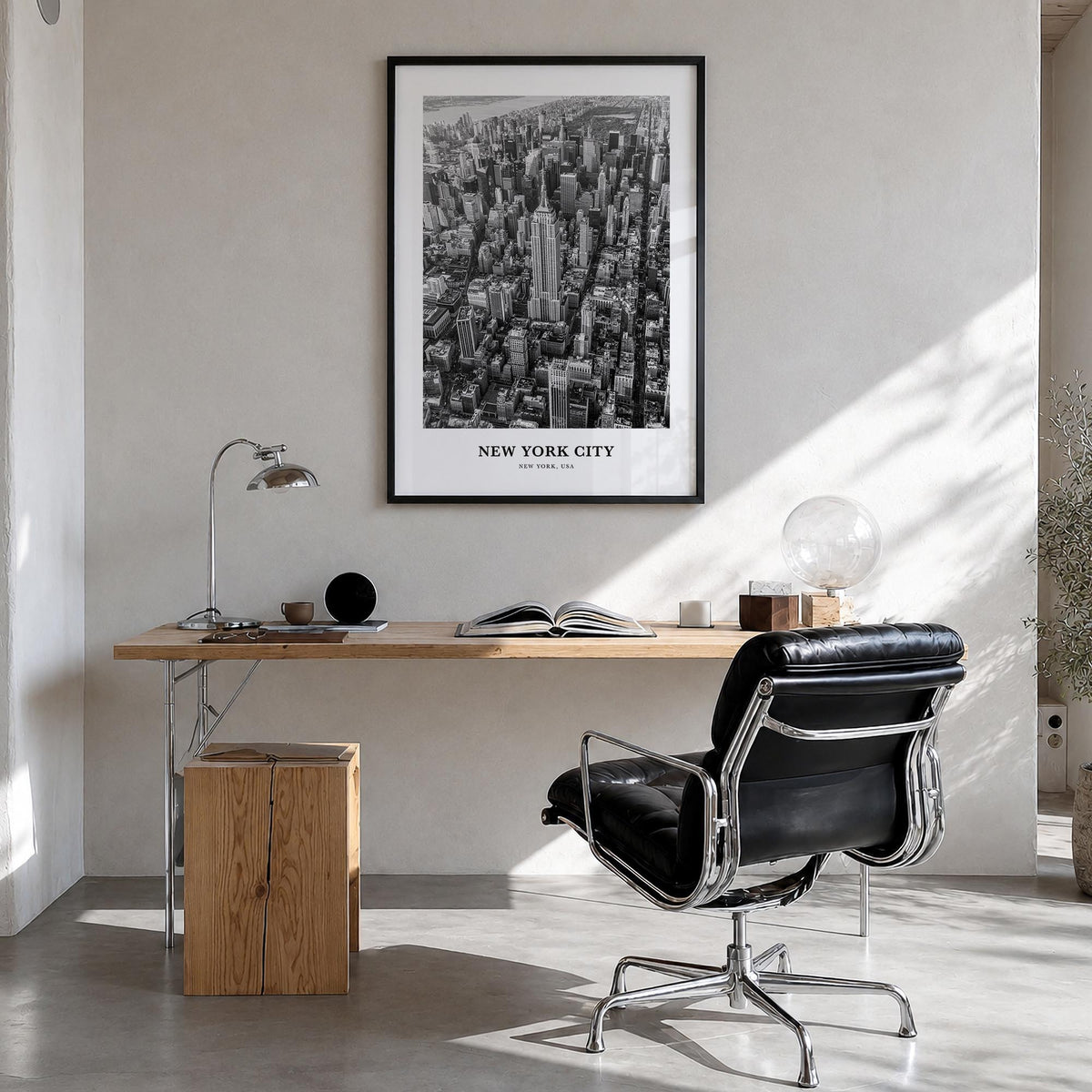 New York City no. 2 black & white classic poster of New York, USA – vertical wall art in black wood frame, hanging on wall