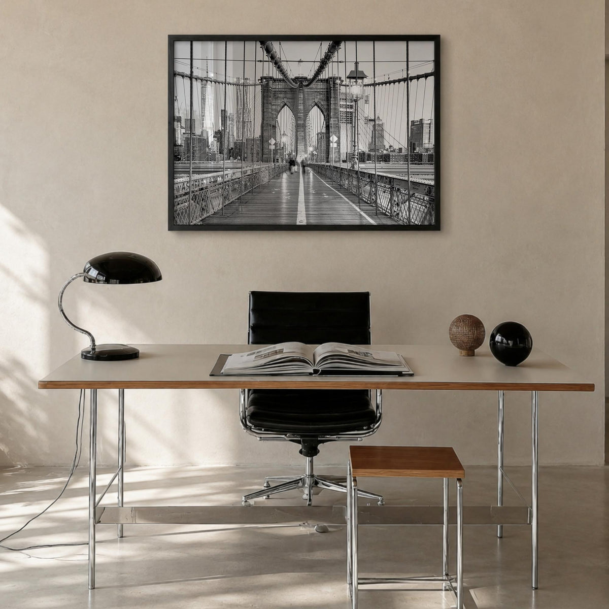 New York City no. 2 black & white photo poster of New York, USA – horizontal wall art in black wood frame, hanging on wall