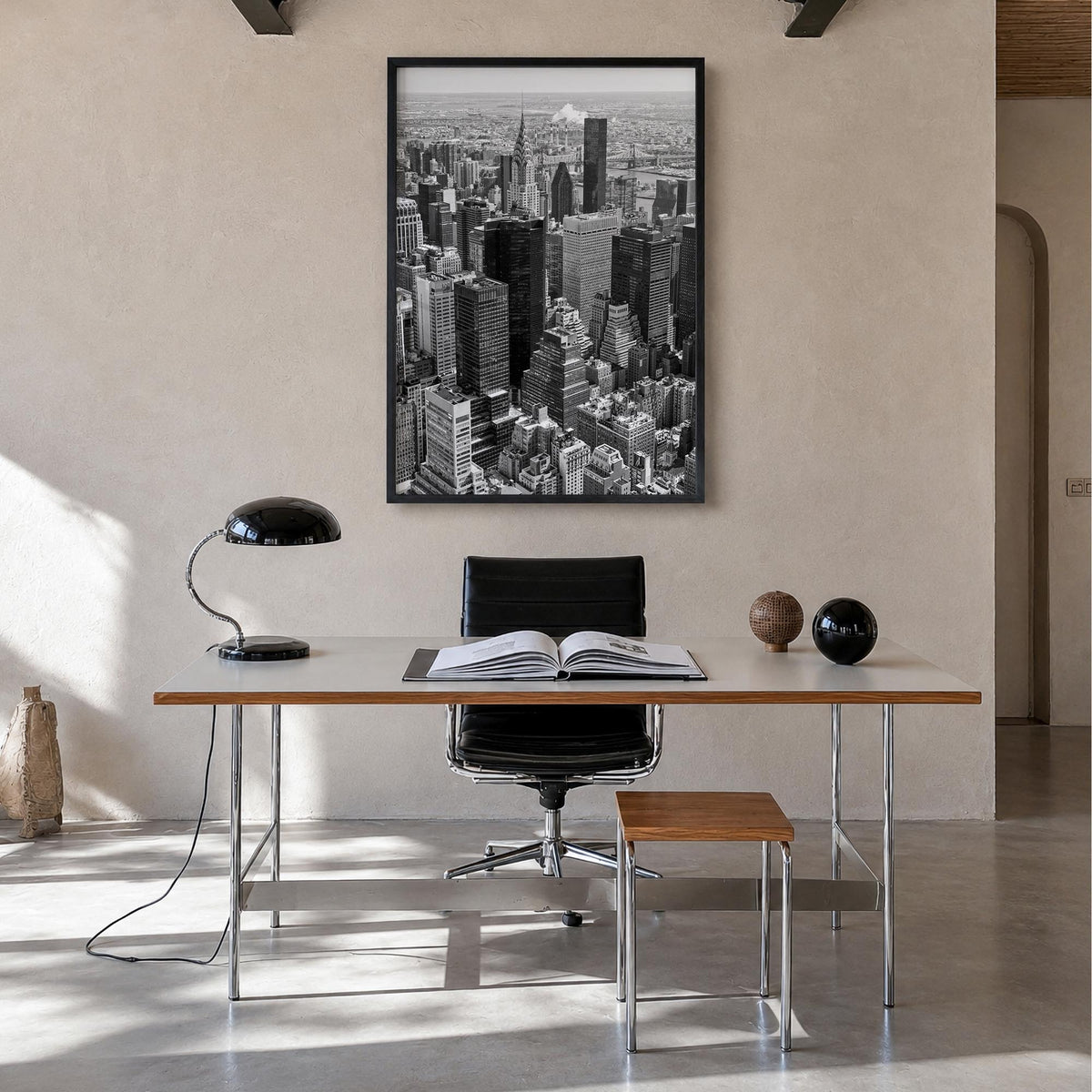 New York City no. 2 black & white photo poster of New York, USA – vertical wall art in black wood frame, hanging on wall