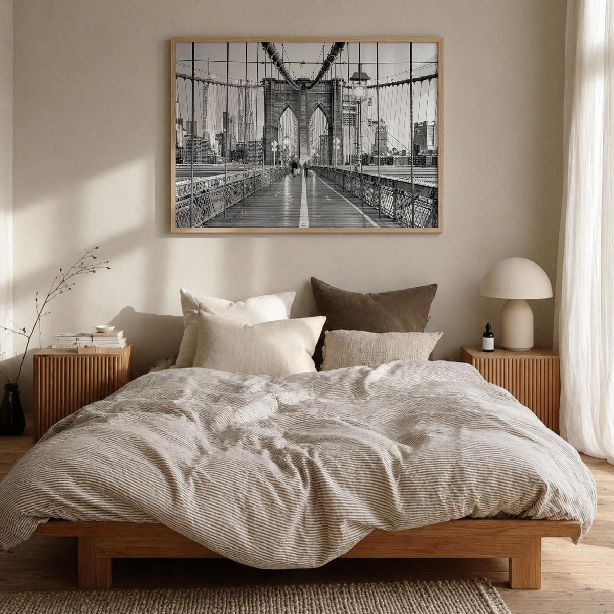 New York City no. 2 black & white photo poster of New York, USA – horizontal wall art in natural wood frame, hanging on wall