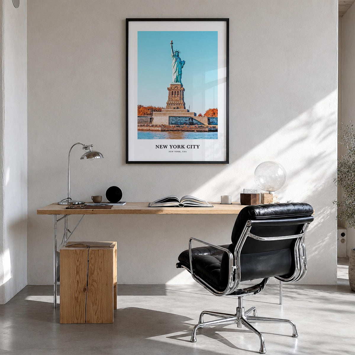 New York City no. 2 colorful classic poster of New York, USA – vertical wall art in black wood frame, hanging on wall