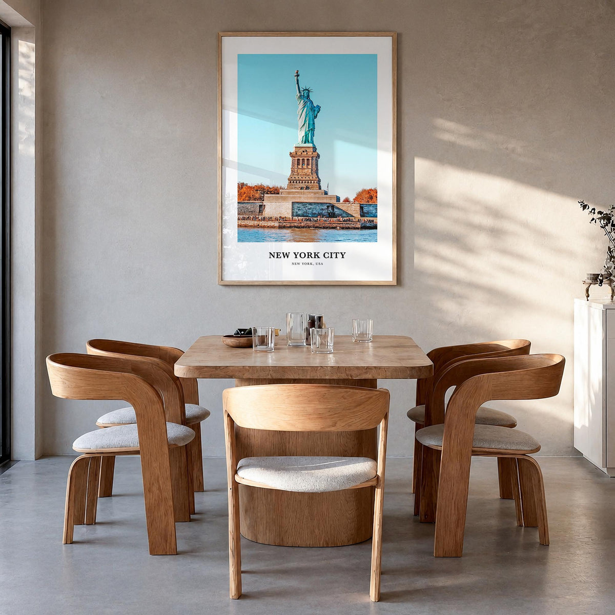 New York City no. 2 colorful classic poster of New York, USA – vertical wall art in natural wood frame, hanging on wall