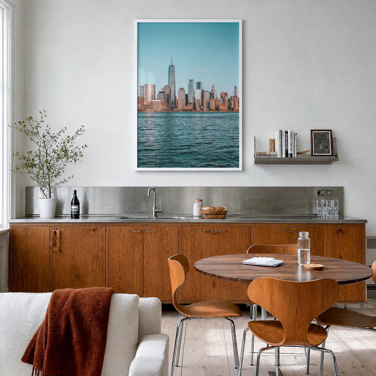 New York City no. 2 colorful photo poster of New York, USA – vertical wall art in white wood frame, hanging on wall
