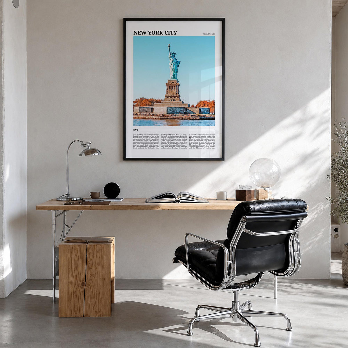 New York City no. 2 colorful travel poster of New York, USA – vertical wall art in black wood frame, hanging on wall