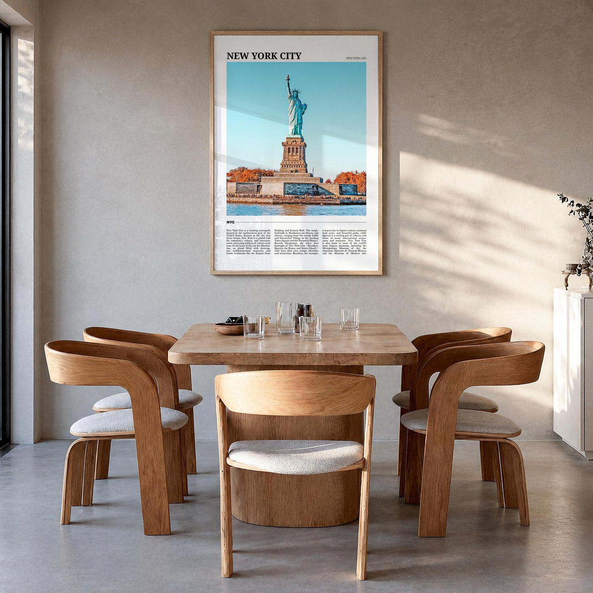New York City no. 2 colorful travel poster of New York, USA – vertical wall art in natural wood frame, hanging on wall