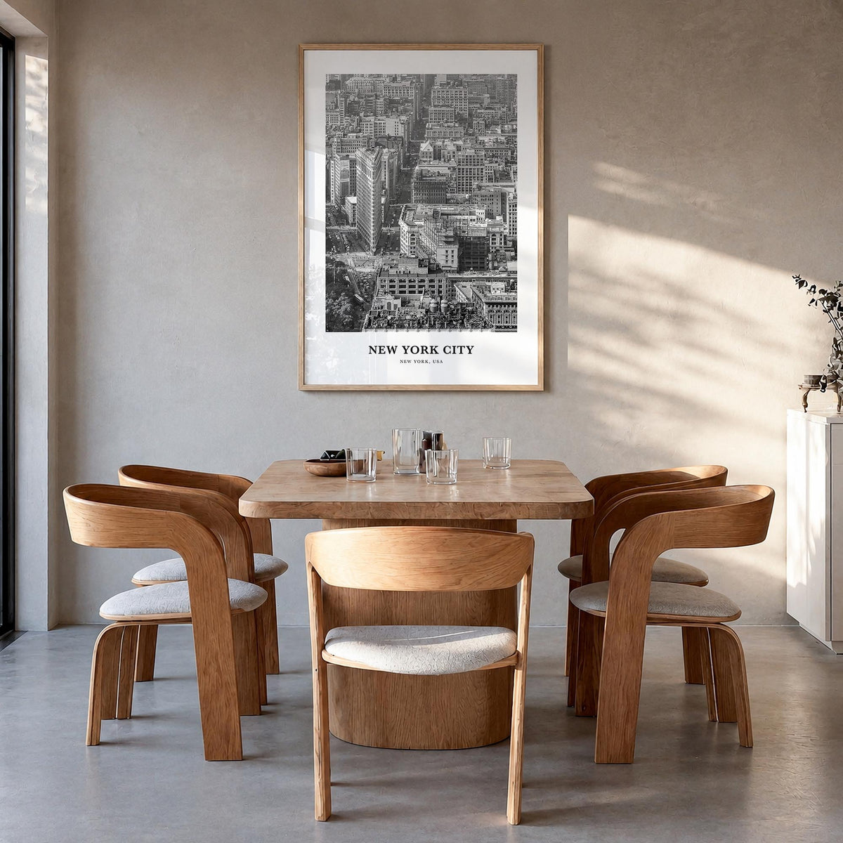 New York City no. 3 black & white classic poster of New York, USA – vertical wall art in natural wood frame, hanging on wall